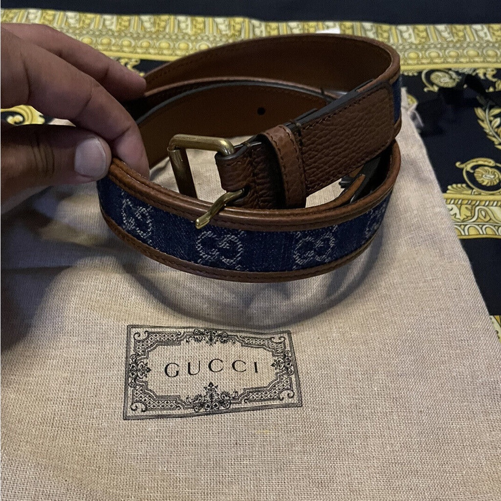 Gucci Women's Brown Leather And Denim Square Buckle Belt Size 100